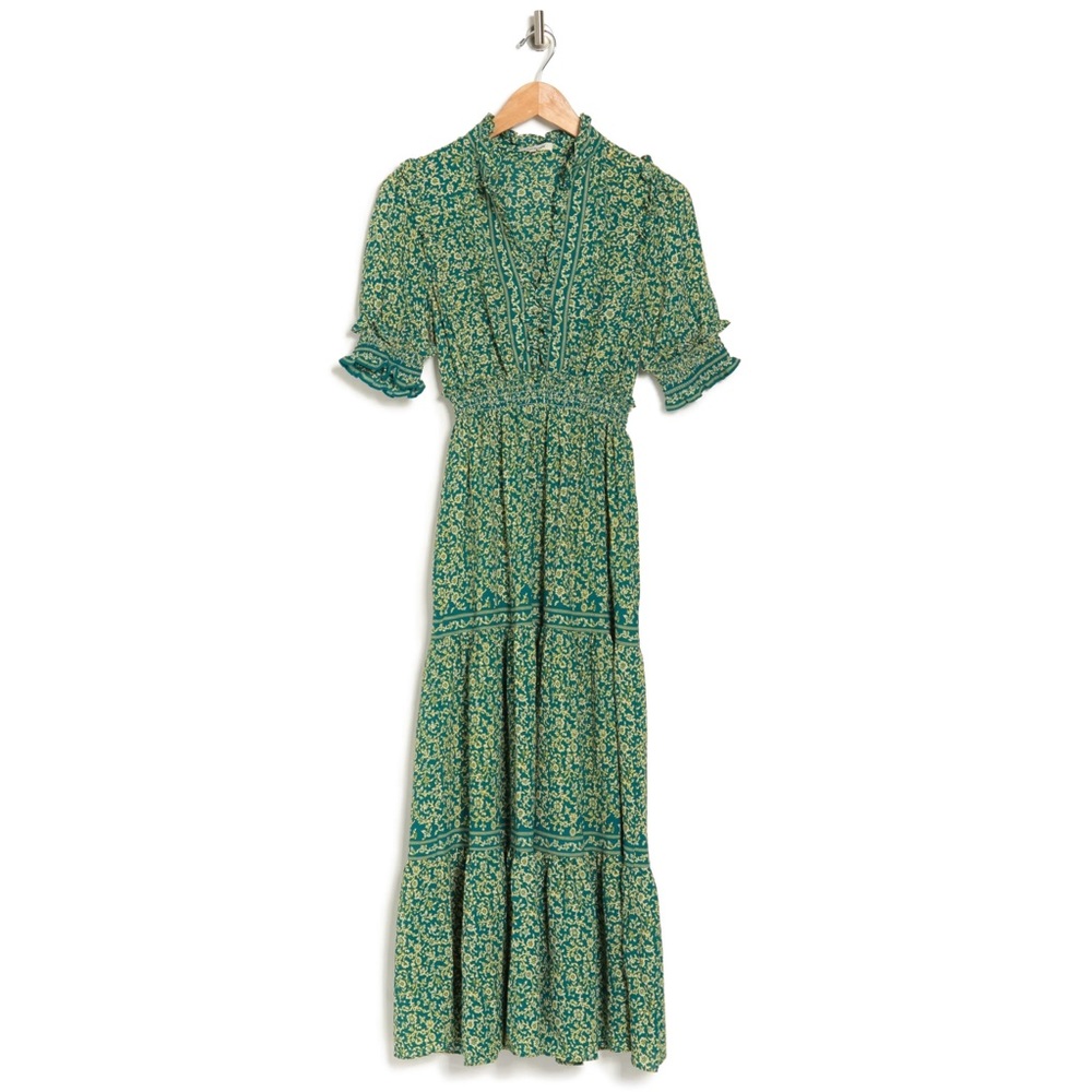 MAX STUDIO
Elbow Length Sleeve Print Tiered Maxi Dress In Teamuscf NWT